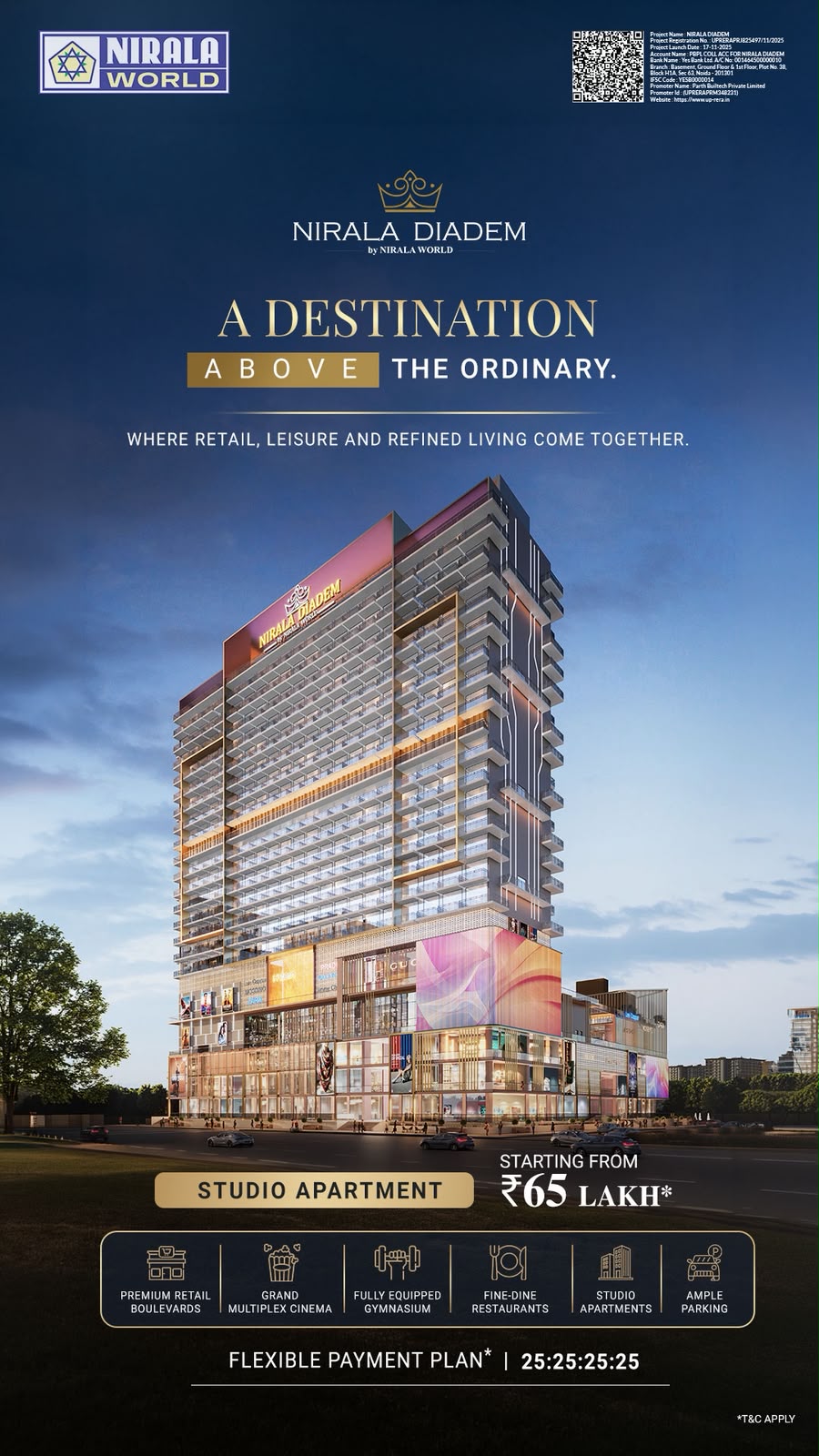 Evening render of the Nirala Diadem tower: lit shopfronts and screens on the lower floors, apartment balconies above